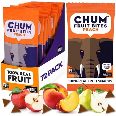 Chum Fruit Bites 100% Real Fruit Snacks | Peach, 72 Pack | Non-GMO, No Added Sugar or Preservatives | Top 12 Allergen and School Friendly, Nut-Free, Gluten-Free, Vegan, Kosher, Paleo