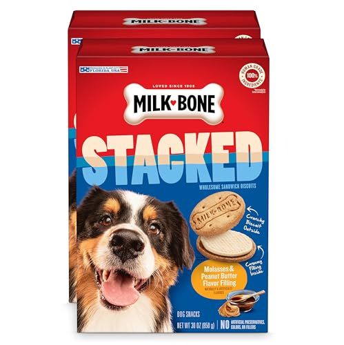Milk-Bone Stacked Dog Treats, 30 Ounce (Pack of 2), Crunchy Biscuit with Molasses and Peanut Butter Creamy Filling