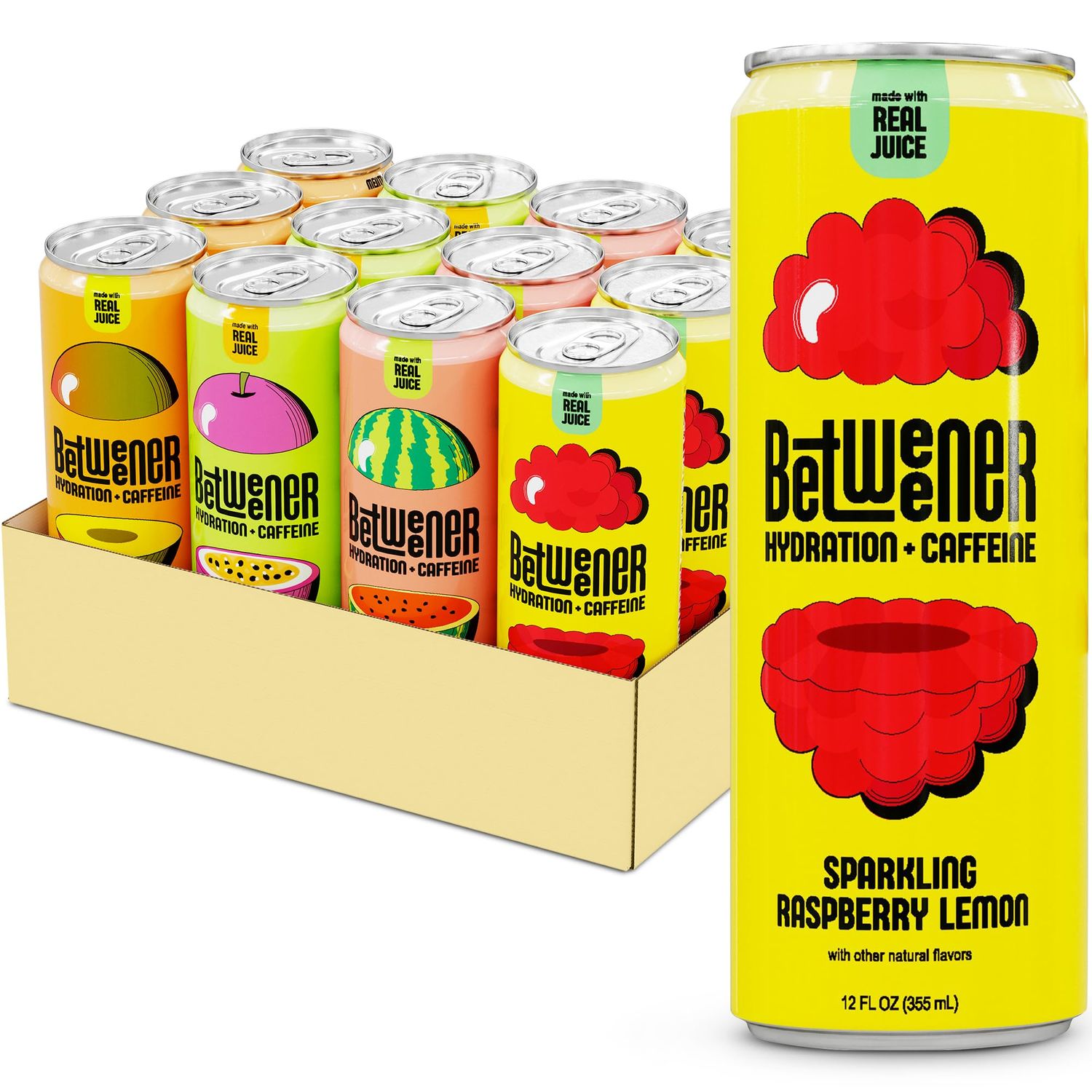Betweener Sparkling Energy, Sparkling Water w/Real Juice &amp; 100mg Caffeine, Light &amp; Refreshing, L-Theanine for Focus, Vitamins B+C - Low Sugar - 45 Cals - Variety Pack (12 Pack)