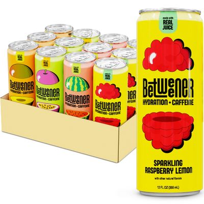 Betweener Sparkling Energy, Sparkling Water w/Real Juice &amp; 100mg Caffeine, Light &amp; Refreshing, L-Theanine for Focus, Vitamins B+C - Low Sugar - 45 Cals - Variety Pack (12 Pack)