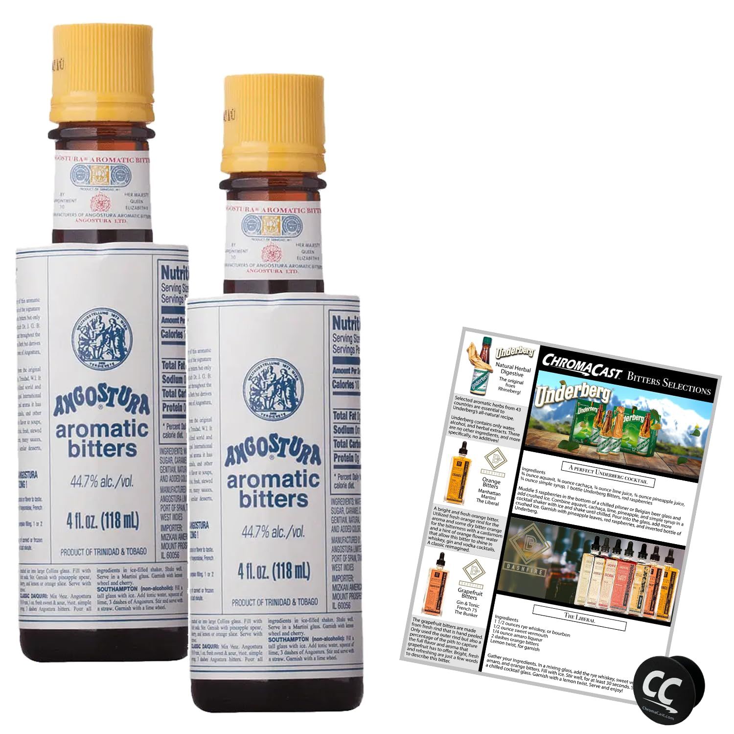 Angostura Aromatic Bitters 4oz Bottle w/Phone Grip and Bitters Selections Recipe, 2-PACK