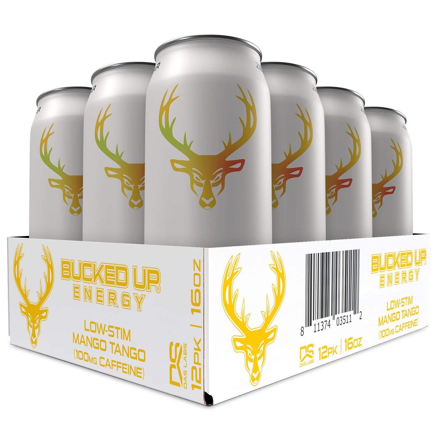 Bucked Up - Low Stim Energy Drink - 100mg Caffeine - Zero Sugar - 12 Pack (Mango Tango)