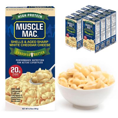 Muscle Mac High Protein Shells &amp; Cheese Dinner, Made With Aged Sharp White Cheddar and Butter from GrassFed Cows, 20g of protein, 6.75 oz (Pack of 10)