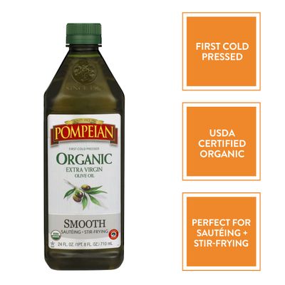 Pompeian USDA Organic Smooth Extra Virgin Olive Oil, First Cold Pressed, Smooth, Delicate Flavor, Perfect for Sauting &amp; Stir-Frying, 24 FL. OZ.