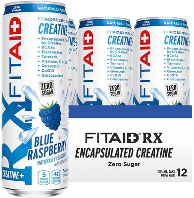 FITAID RX Zero Sugar, Encapsulated Creatine, Workout Recovery Drink, All-In-One Blend, BCAAs, Glucosamine, Turmeric, B-Complex, Naturally Sweetened, Blue Raspberry, 12 Fl Oz (Pack of 12)
