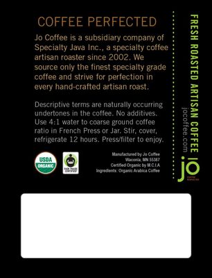 STONE COLD JO: 12 oz, Cold Brew Coffee Blend, Dark Roast, Whole Bean Organic Coffee, Low Acidity, Great Brewed Hot Too, USDA Certified Organic, Fair Trade Certified, NON-GMO