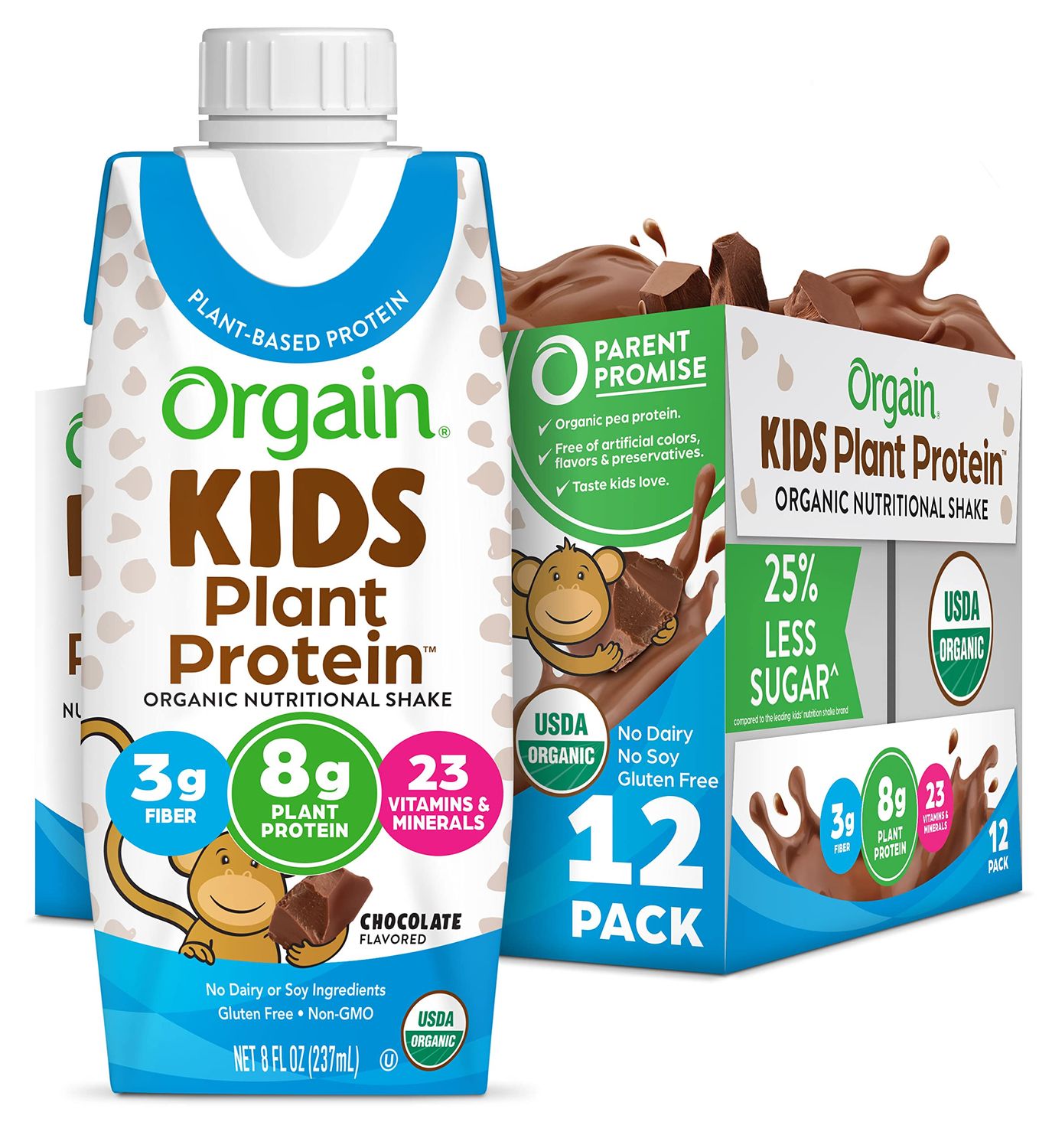 Orgain Organic Kids Nutritional Vegan Protein Shake, Chocolate - Healthy Kids Snacks, 8g Plant Protein, 23 Vitamins &amp; Minerals, 3g Fiber, No Dairy &amp; Soy Ingredients, Non-GMO, 8 Fl Oz (Pack of 12)