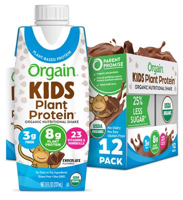 Orgain Organic Kids Nutritional Vegan Protein Shake, Chocolate - Healthy Kids Snacks, 8g Plant Protein, 23 Vitamins &amp; Minerals, 3g Fiber, No Dairy &amp; Soy Ingredients, Non-GMO, 8 Fl Oz (Pack of 12)