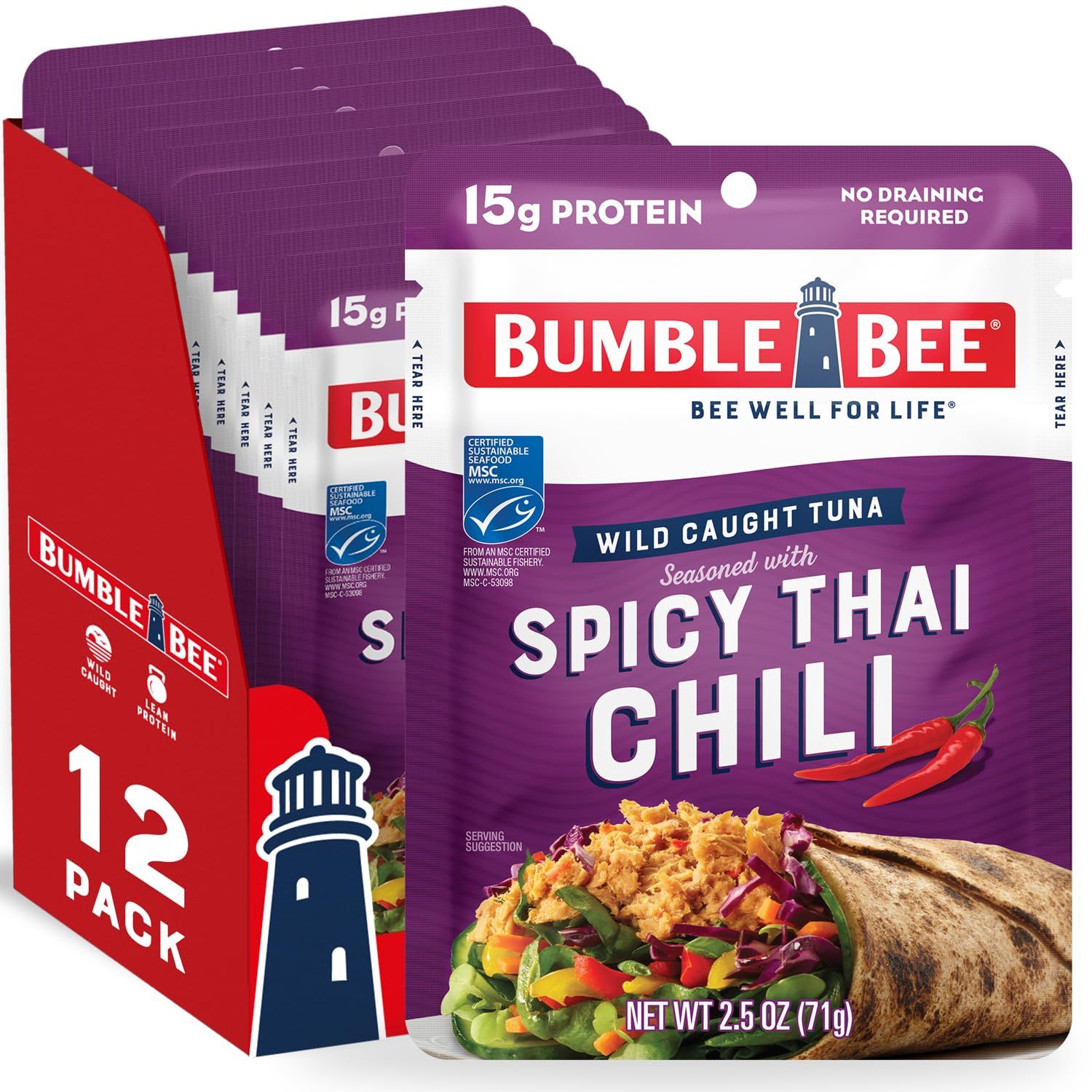 Bumble Bee Spicy Thai Chili Seasoned Tuna, 2.5 oz Pouches (Pack of 12) - Ready to Eat - Wild Caught Tuna Packet - 15g Protein per Serving - Gluten Free