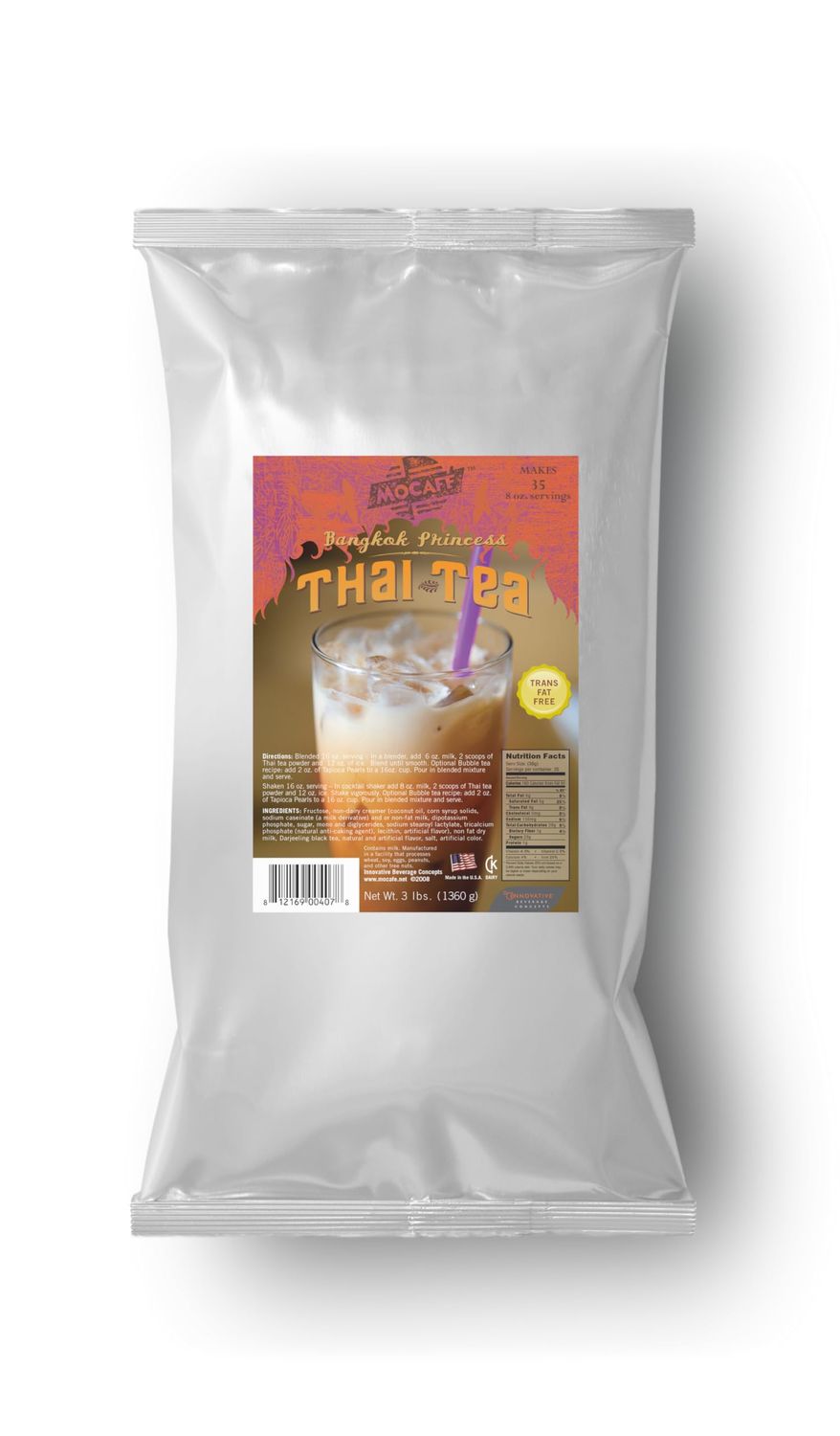 MOCAFE Thai Tea Drink Mix, 3-Pound Bag Instant Frappe Mix, Coffee House Style Blended Drink Used in Coffee Shops