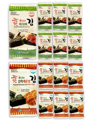 Korean Crispy Seasoned Seaweed Snacks Kimchi Spicy Sheets - 12 Individual Packs 100% Natural Laver 12 Pack Roasted Nori Snack Healthy Premium Gim by Unha&#39;s Asian Snack Box (Kimchi and Wasabi)