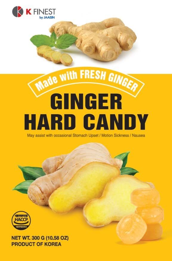 Jaaein Ginger Hard Candy Made with Fresh Ginger Extra Strength Flavor Anti-Nausea and Digestion Aid Individual Wrapped Product of Korea_300 grams_10.58oz