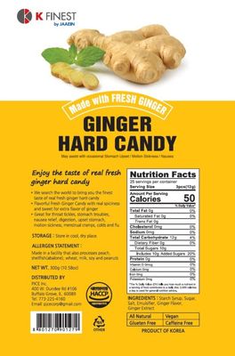 Jaaein Ginger Hard Candy Made with Fresh Ginger Extra Strength Flavor Anti-Nausea and Digestion Aid Individual Wrapped Product of Korea_300 grams_10.58oz