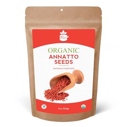 SPICY ORGANIC Annatto Seeds Whole 8 Oz. - USDA Certified Organic - All-Natural Achiote Seeds Spice and Seasoning for Rice, Cheese, Sauces, Achiote Paste, Recado Rojo, Meats, Poultry and Fish.