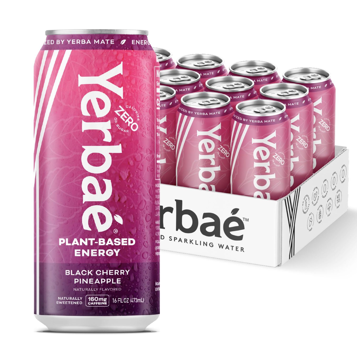 Yerba Energy Beverage - Black Cherry Pineapple, 0 Sugar, 0 Calories, 0 Carbs. Yerbae is Energized by Yerba Mate, Plant-Based, Healthy Alternative to Sugary Drinks, 16oz cans (12 Pack)