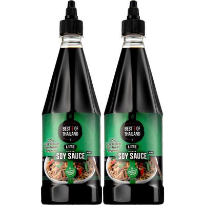 Best Of Thailand Premium Lite Soy Sauce Low Sodium | 2 Bottles of Lite Soy Sauce 23.65oz Real Authentic Asian-Brewed Marinade for Marinating Fish, Meat &amp; Roasted Vegetables | 75% Less sodium