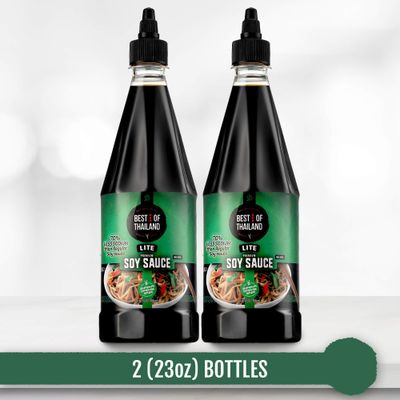 Best Of Thailand Premium Lite Soy Sauce Low Sodium | 2 Bottles of Lite Soy Sauce 23.65oz Real Authentic Asian-Brewed Marinade for Marinating Fish, Meat &amp; Roasted Vegetables | 75% Less sodium