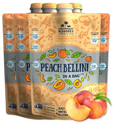 Lt. Blender&#39;s Peach Bellini in a Bag - Wine Slushie Mixes - Each Bag Makes 1/2 Gallon of Frozen Peach Bellini Mix - Non-GMO Wine Freezer mix - Make with Wine, Liquor or as a Mocktail - (Pack of 4)