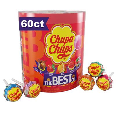 Chupa Chups Best Of Candy Lollipop Variety Assortment, 5 Flavors, Individually Wrapped, Bulk Holiday Christmas Party Favors for Adults &amp; Kids, 25.3 oz Drum (60 Suckers)