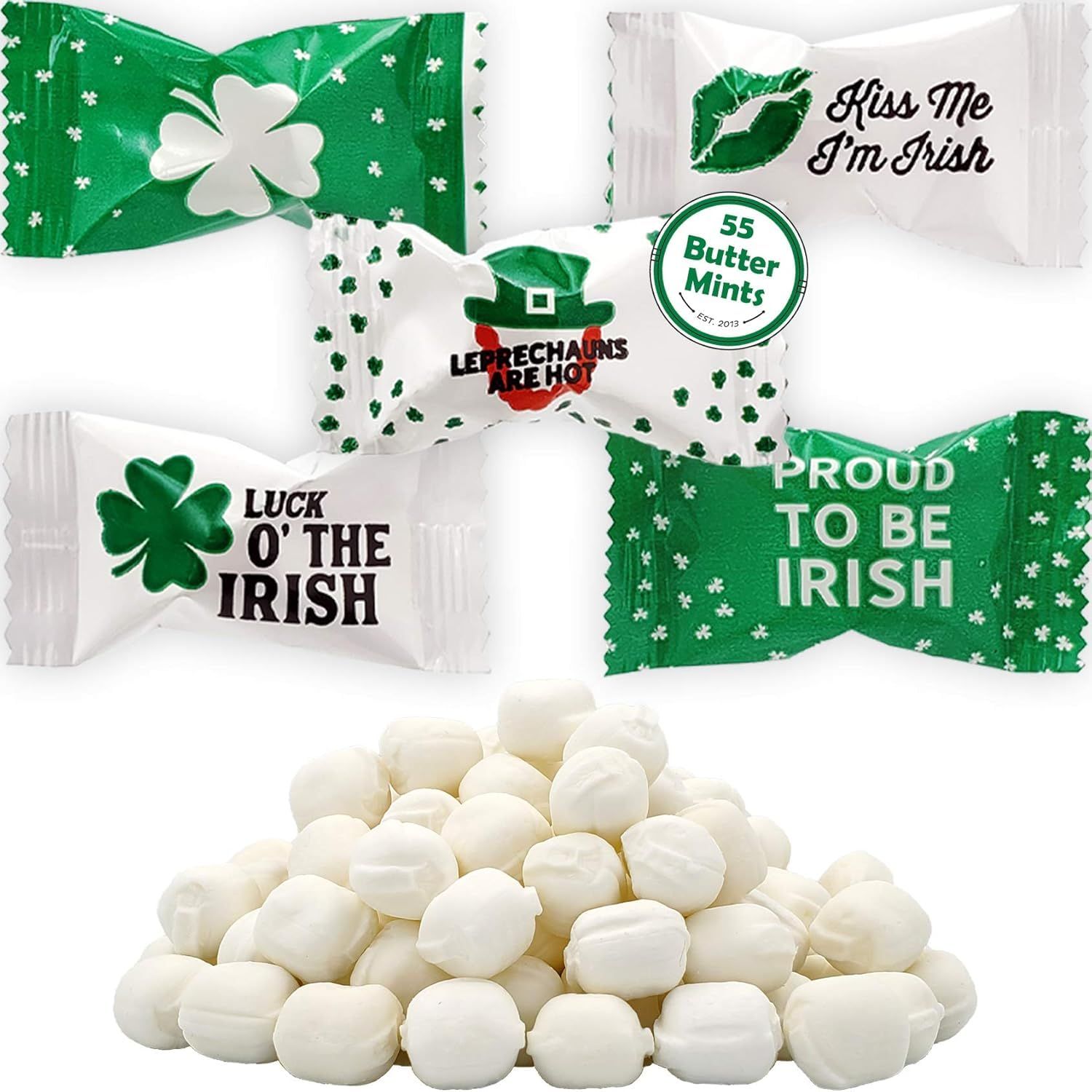 The Dreidel Company St. Patrick&#39;s Irish Buttermints, Mint Candies, After Dinner Mints, Butter Mint Candy, Green Leprauchan Design, Fat-Free, Individually Wrapped (275 Pieces)