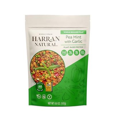 Harran Natural Whole Grain Bulgur Wheat Organic, Ready to Eat Bulgur Vegetables, Meals, GMO-Free, Low Calorie + Carb, 9 Gram Protein, 6.6 Oz (Pack of 1) (Pea Mint with Garlic Bulgur Wheat Pilaf)