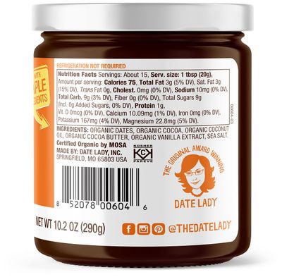 Organic Chocolate Date Spread | Vegan, Paleo, Gluten Free &amp; Kosher, No Added Sugar, No Preservatives (1 Jar) Cocoa Spread Perfect For Dipping Fruit and Using as a Sauce on Ice Cream.