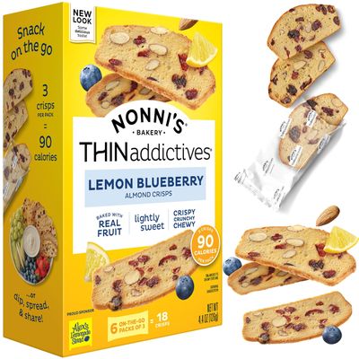 Nonni&#39;s THINaddictives Almond Thin Cookies - Lemon Blueberry Biscotti Italian Cookie Thin - Almond Cookie - Sweet Crunchy &amp; Chewy - Biscotti Individually Wrapped Cookie - Kosher Coffee Cookie - 4.4 oz