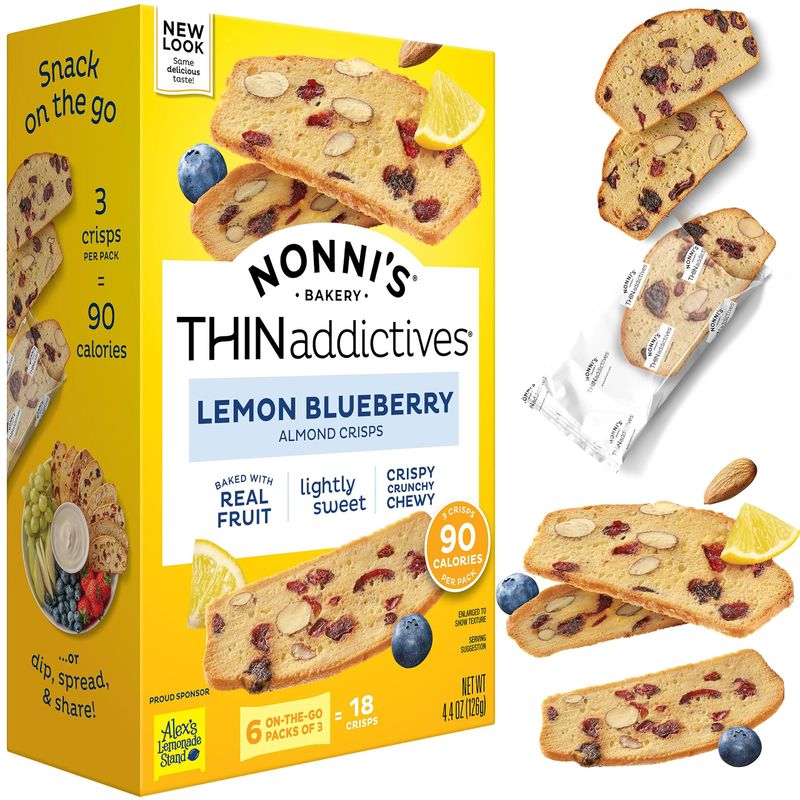 Nonni's THINaddictives Almond Thin Cookies - Lemon Blueberry Biscotti Italian Cookie Thin - Almond Cookie - Sweet Crunchy &amp; Chewy - Biscotti Individually Wrapped Cookie - Kosher Coffee Cookie - 4.4 oz