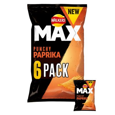 Walkers Max Punchy Paprika Crisps, 6x27g