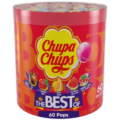 Chupa Chups Best Of Candy Lollipop Variety Assortment, 5 Flavors, Individually Wrapped, Bulk Holiday Christmas Party Favors for Adults & Kids, 25.3 oz Drum (60 Suckers)