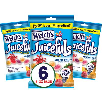 Welch&#39;s Juicefuls Juicy Fruit Snacks, Mixed Fruit, Fruit Gushers, Gluten Free, 4 Oz Sharing Size Bags (Pack of 6)