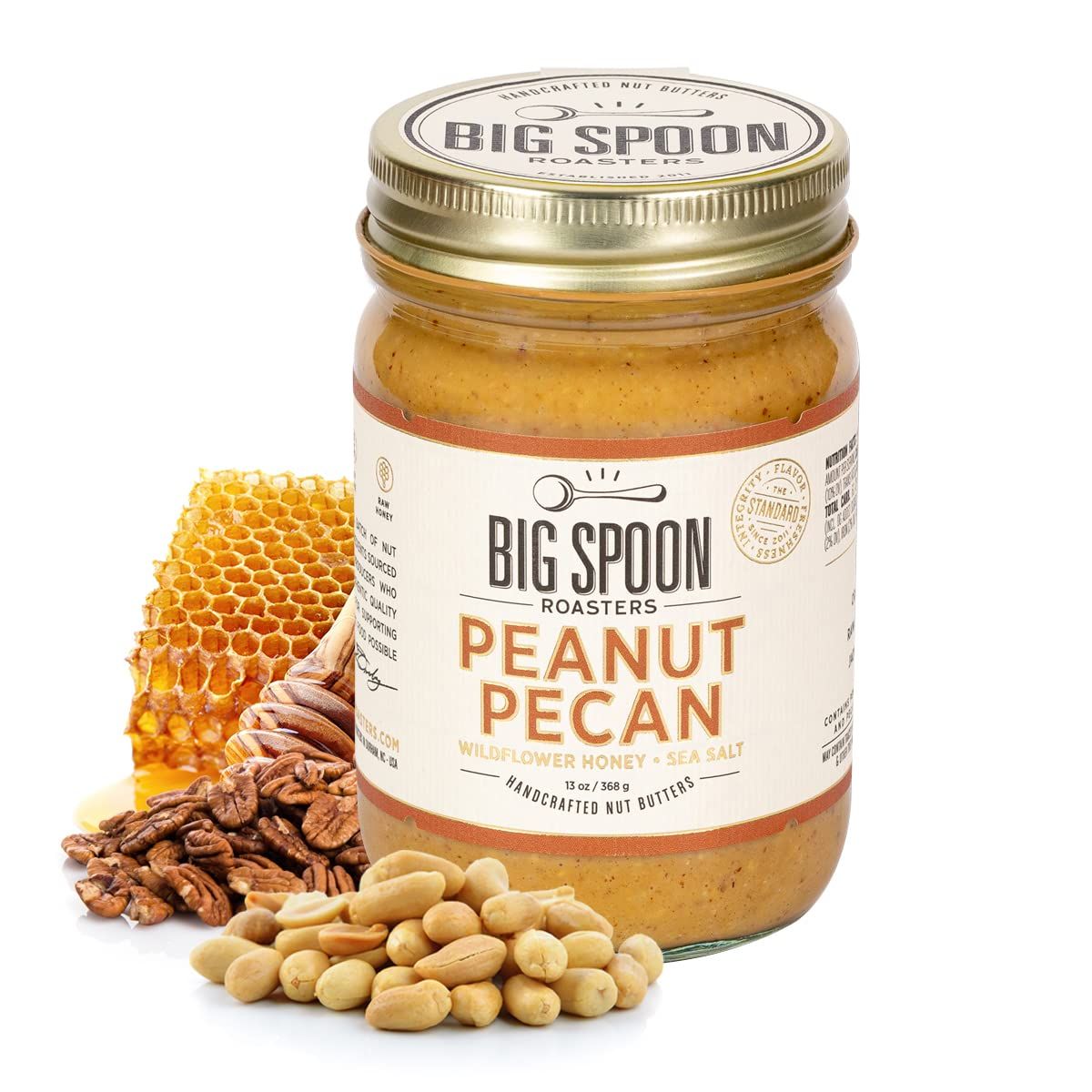 Big Spoon Roasters Peanut Pecan Butter w/Organic Wildflower Honey &amp; Sea Salt - Raw Honey Low Sugar Peanut Butter - Creamy Peanut Butter with Pecans - Palm Free, Keto Natural Peanut Butter - 13 Ounces