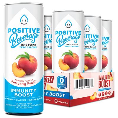 Positive Beverage IMMUNITY SUPPORT Perfectly Peach | 12-oz Can, Pack of 12 | Zero Calorie, Electrolyte Water, Vitamins and Calcium