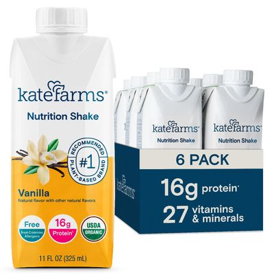 KATE FARMS Organic Nutrition Shake, Vanilla, 16g protein, 27 Vitamins and Minerals, Protein Meal Replacement Drink, Plant Based, 11 oz (6 Pack)