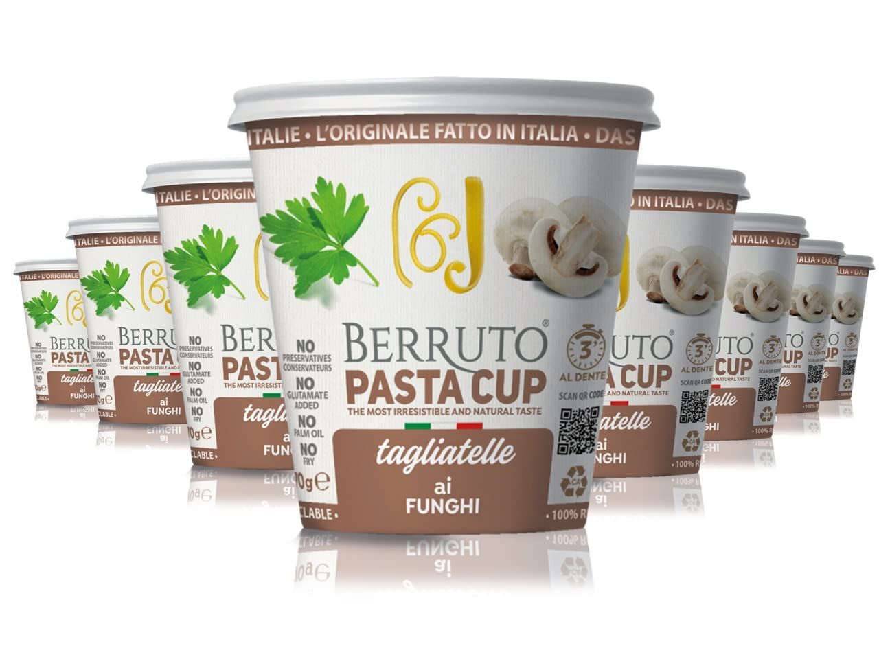 Berruto Individual Pasta Cup 2.4 oz, Creamy Mushroom Sauce - Recyclable Microwave Pasta Food Meals - No Palm Oil, Non-Preservatives - (8 Pack)