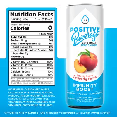 Positive Beverage IMMUNITY SUPPORT Perfectly Peach | 12-oz Can, Pack of 12 | Zero Calorie, Electrolyte Water, Vitamins and Calcium