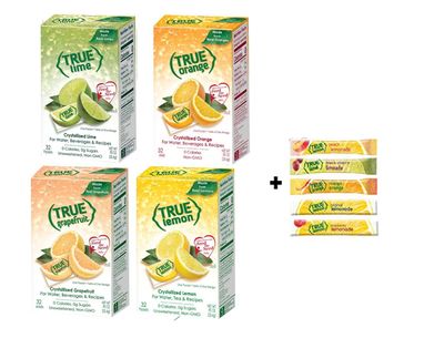 True Lemon, Lime, Orange &amp; Grapefruit 32ct (4bx 32ct each) plus FREE sample packs of True Lemon Original Lemonade, Mango Orange, Peach Lemonade, Black Cherry Limeade, and Raspberry Lemonade
