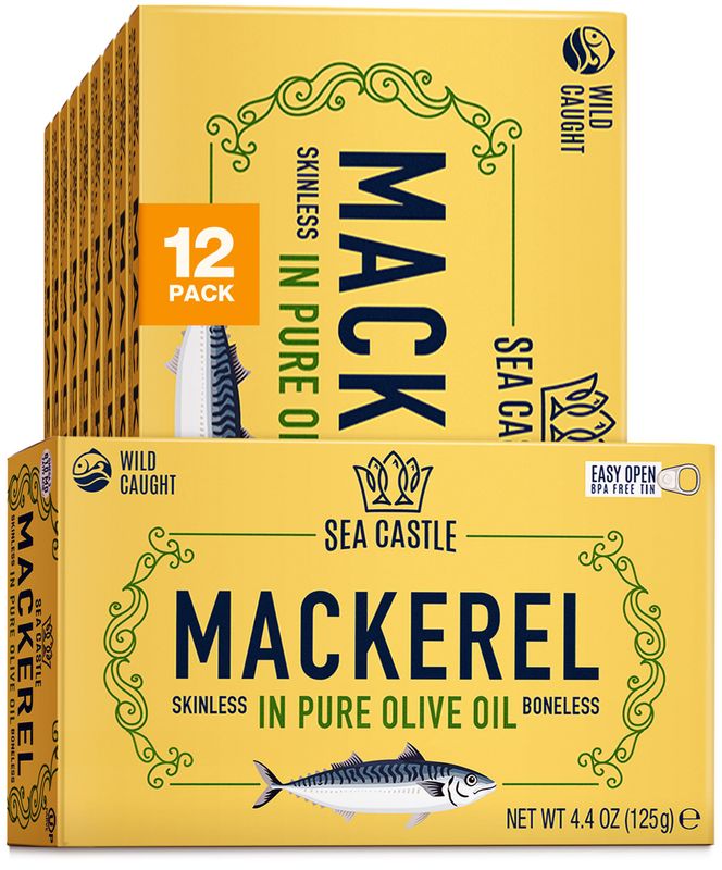 Sea Castle Mackerel in Olive Oil, 4.4oz (12 Pack) | Skinless &amp; Boneless Canned Fish | Wild Caught Canned Mackerel Fillets | Packed with Vitamins | Non-GMO | Kosher