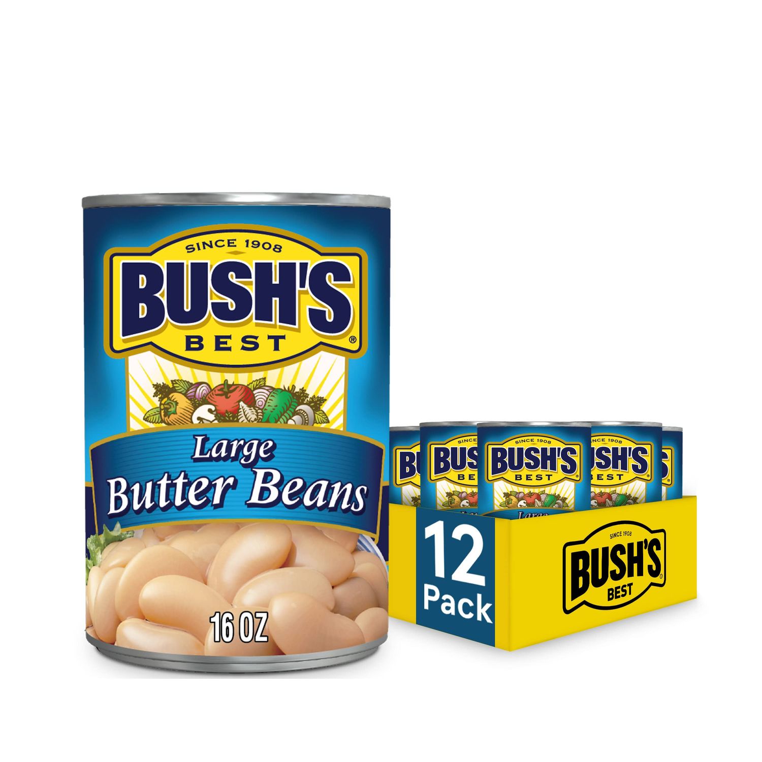 BUSH&#39;S BEST 16 oz Canned Large Butter Beans, Source of Plant Based Protein and Fiber, Low Fat, Gluten Free, (Pack of 12)