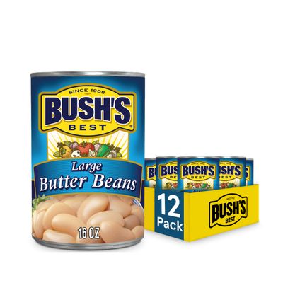 BUSH&#39;S BEST 16 oz Canned Large Butter Beans, Source of Plant Based Protein and Fiber, Low Fat, Gluten Free, (Pack of 12)