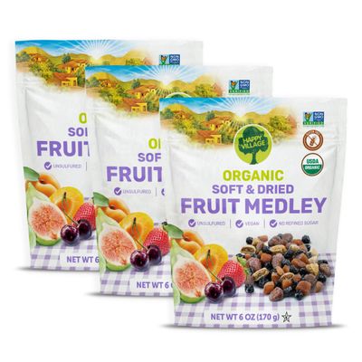 Happy Village Organic Dried Fruit Mix - Apricots, Figs, Strawberries &amp; Tart Cherries, 18 OZ (3 Packs of 6 OZ) - Kosher, Non-GMO, No Refined Sugar, Vegan, Unsulfured Dried Fruit Medley