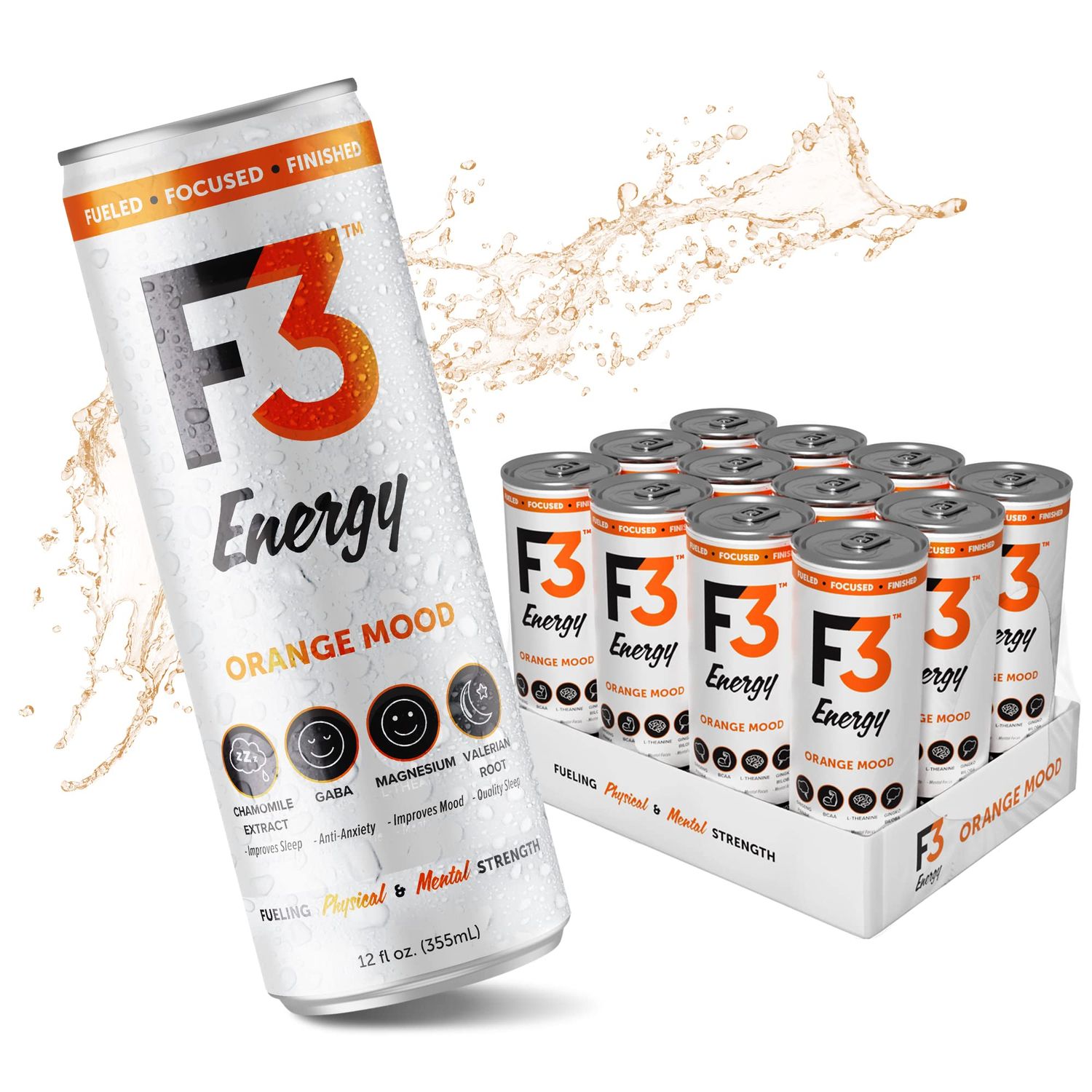 F3 Mood - Functional Sparkling Juice Drink with Powerful Nootropics to Reduce Stress, BCAAs for Muscle Recovery, and Chamomile &amp; Valerian Root for Sleep - Caffeine Free (Orangesicle, 12 Pack)