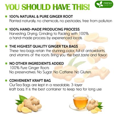 FreshDrinkUS, 120 Ginger Tea Bags, 100% Natural &amp; Pure from Ginger. Ginger Herbal Tea. Ginger Tea. No Sugar, No Caffeine, No Gluten, Vegan.