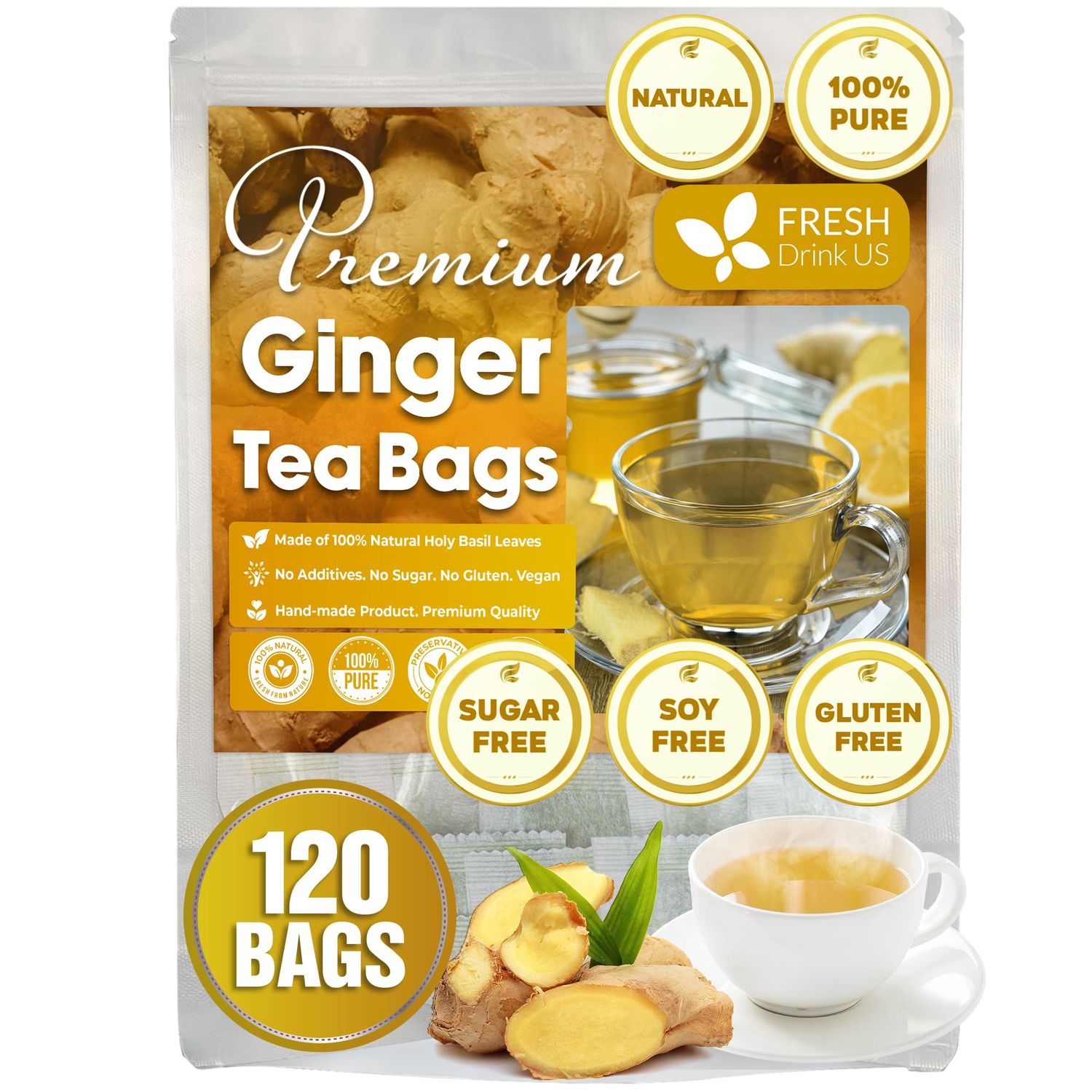 FreshDrinkUS, 120 Ginger Tea Bags, 100% Natural &amp; Pure from Ginger. Ginger Herbal Tea. Ginger Tea. No Sugar, No Caffeine, No Gluten, Vegan.