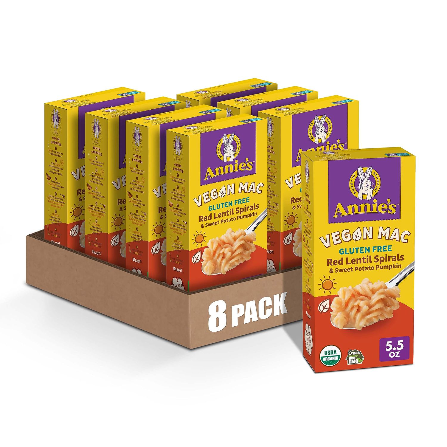 Annie&#39;s Vegan Mac, Red Lentil Spirals with Sweet Potato Pumpkin Sauce, Gluten Free Pasta and Sauce, 5.5 oz (Pack of 8)