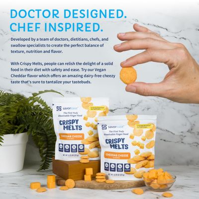 Savorease Crispy Melts Vegan Cheddar Cheese Flavored - Crunchy Gluten-Free & Non-Dairy Dissolvable Finger Food for Soft Diets Made from Plant-Based Ingredients with No Added Sugar - 12 pack