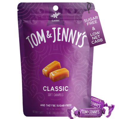 Tom &amp; Jenny&#39;s Sugar Free Candy Soft Caramels Individually Wrapped - Sea Salt &amp; Vanilla - Low Net Carb Zero Sugar Candy with Xylitol &amp; Maltitol (Classic Chewy Sugar Free Caramel) Keto Candy 1 Pack