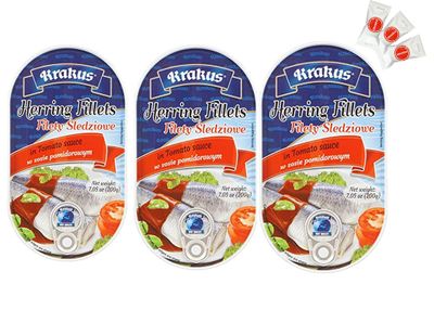 KRAKUS HERRING FILLETS IN TOMATO SAUCE 7.05 oz (200g) x 3 pack. Sledzie w sosie pomidorowym. PRODUCT OF POLAND.