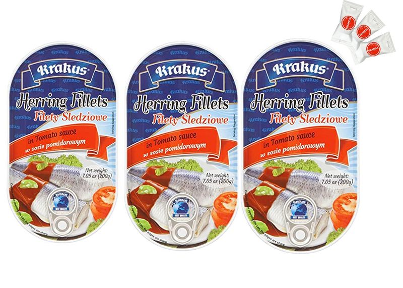 KRAKUS HERRING FILLETS IN TOMATO SAUCE 7.05 oz (200g) x 3 pack. Sledzie w sosie pomidorowym. PRODUCT OF POLAND.