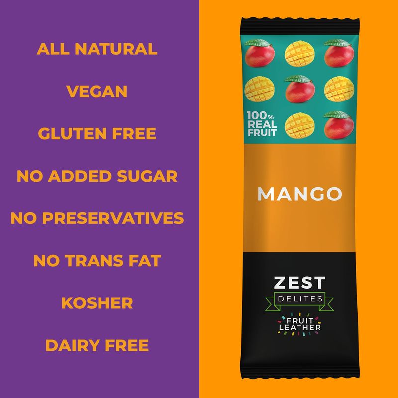 Fruit Snacks by Zest Delites, Fruit Leather, Mango Fruit Bars, Healthy Snacks for Adults, Dried Fruit No Sugar Added, Apple-Based, Mango, 0.88 oz x 10